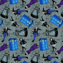 Load image into Gallery viewer, BBC Doctor Who Show CHARACTERS Large Print Gray Fabric Unisex Medical Surgical Scrub Caps Men &amp; Women Tie Back and Bouffant Hat Styles
