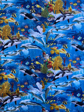 Load image into Gallery viewer, Nautical Medical Scrub Top Ocean Paradise Killer Whales, Sea Horses, Dolphins &amp; Tropical Fish Unisex Style for Men &amp; Women
