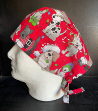 Load image into Gallery viewer, Christmas Santa Puppy Dogs Shimmer of Glitter Red Fabric Unisex Medical Surgical Scrub Caps Men &amp; Women Tie Back and Bouffant Hat Styles
